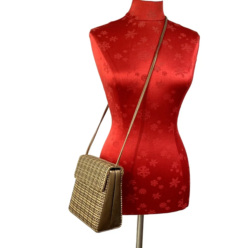 Vintage Mid Century Box Style Purse Shoulder Bag Brown Gold Woven Elegant Chic
